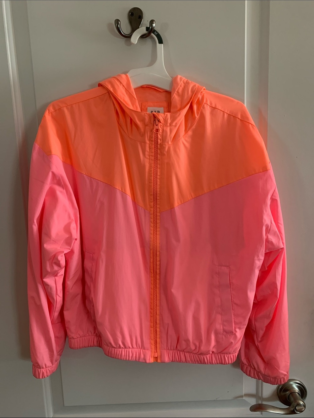 GAP Neon Pink and Orange Hooded Colorblock Windbreaker